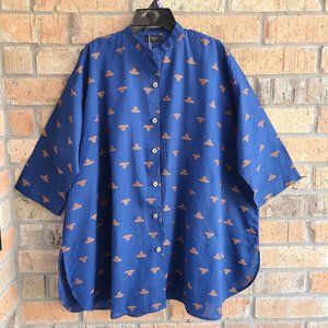 Saya Womens Top Blouse Tunic Button Front 3/4 Sleeves Blue Sailboat Print Size M